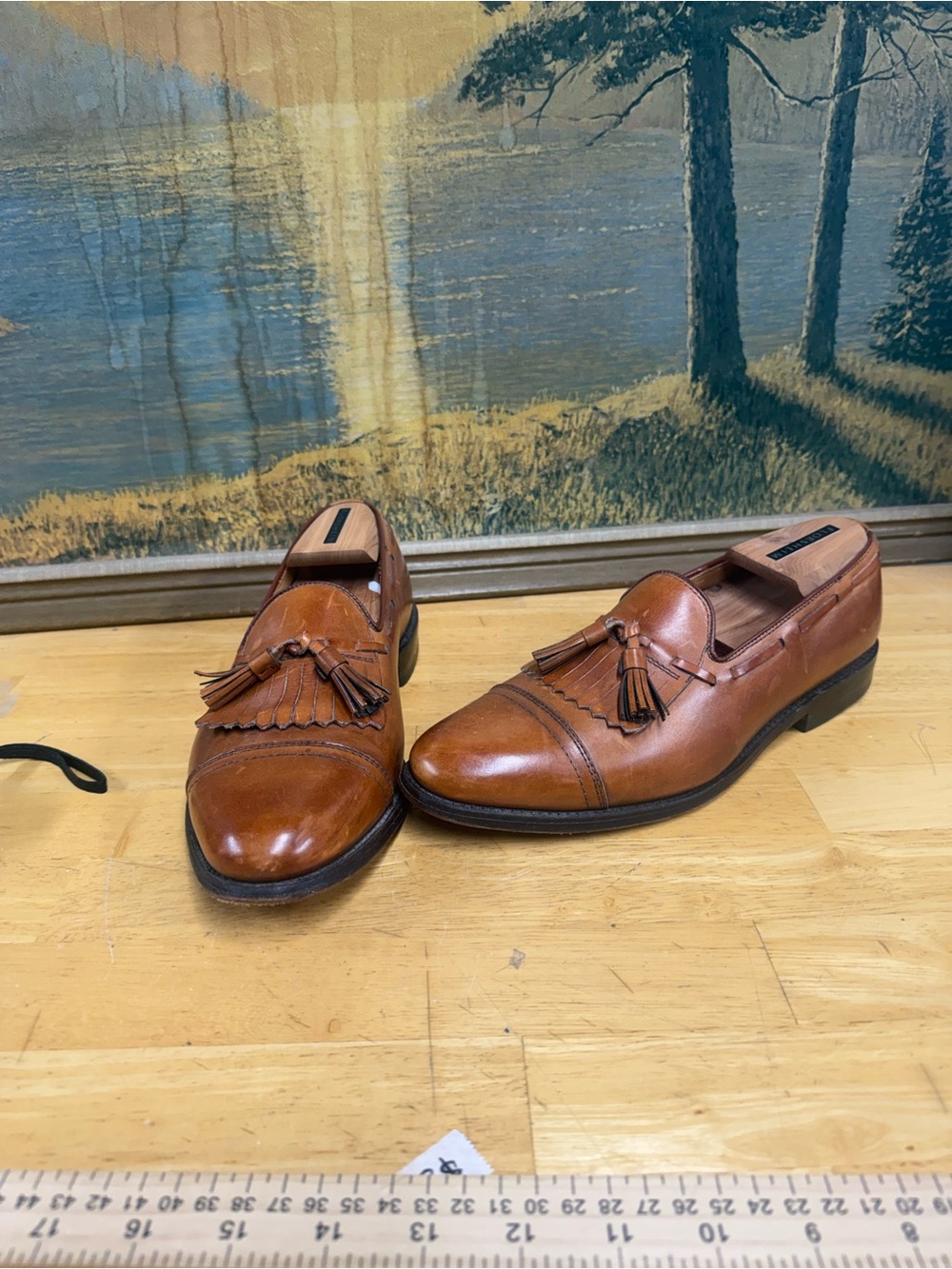 Allen Edmonds Dalton Men's Tan Leather Tassel Loafers, size 9C shoe keep include